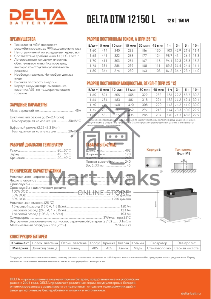 Аккумуляторная батарея Delta BATTERY DTM 12150 L