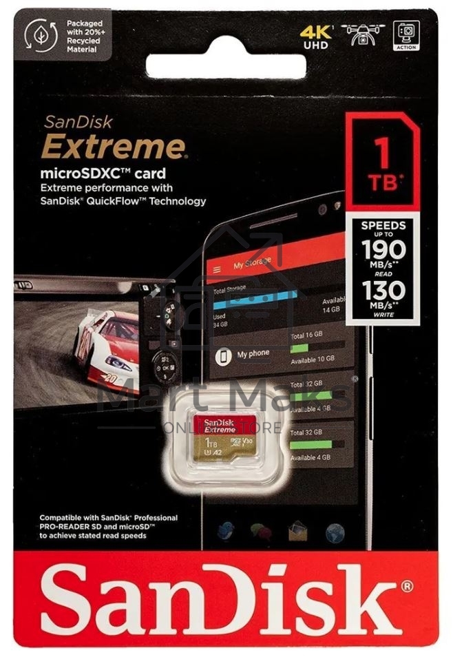 Флеш карта microSDXC SanDis 1024GBEXTREME Class 10, UHS-I, W130, R 190 МБ/с, без адаптера на SD