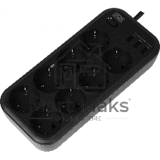 Сетевой фильтр Powercom SP-08 USB03AB 1,8 m 1.8м, 8 розеток, черный, коробка