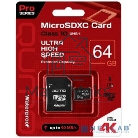 Флеш карта QUMO MicroSDXC 64GB 90/45 МБ/с UHS-I U3, Pro seria 3.0 с адаптером SD, красная картонная упаковка