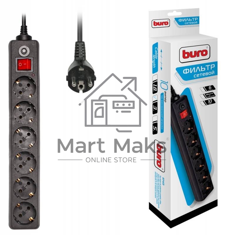 Сетевой фильтр Buro 600SH-3-B 3м (6 розеток) черный (коробка)