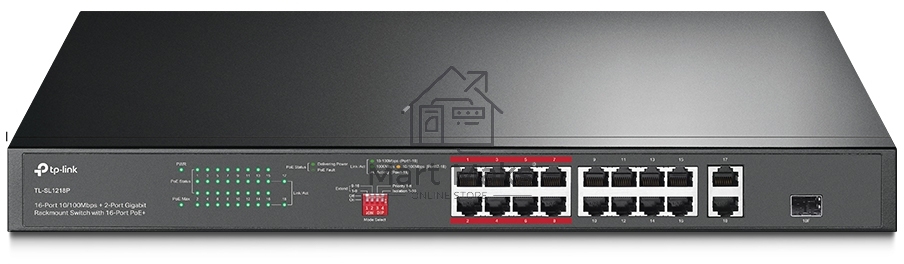 Коммутатор TP-Link 16-port 10/100Mbps + 2-port Gigabit unmanaged switch with 16 PoE+ ports, compliant with 802.3af/at PoE, 150W PoE budget,  support 250m Extend Mode, priority mode and Isolation mode, rackmount, plug and play.