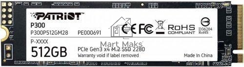 Накопитель SSD Patriot P300, 512GB, PCIe 3.0 x4, M.2 2280, NVMe, R/W 1700/1200