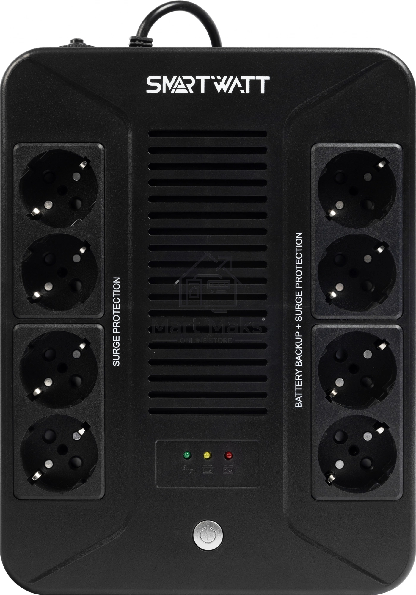 Источник бесперебойного питания SMARTWATT UPS SAFE PRO 1000 черный 1000/600 ВА/Вт, линейно-интерактивный, напольный/настенный, LED индикация, Shuko CEE7/4 - 8 шт. (4 шт. с резервным питанием, 4 шт. - сетевой фильтр)