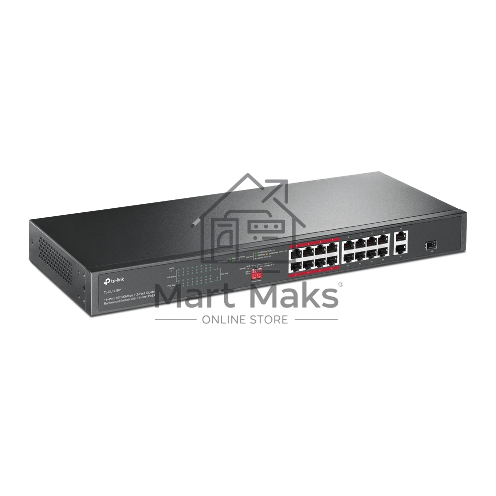Коммутатор TP-Link 16-port 10/100Mbps + 2-port Gigabit unmanaged switch with 16 PoE+ ports, compliant with 802.3af/at PoE, 150W PoE budget,  support 250m Extend Mode, priority mode and Isolation mode, rackmount, plug and play.
