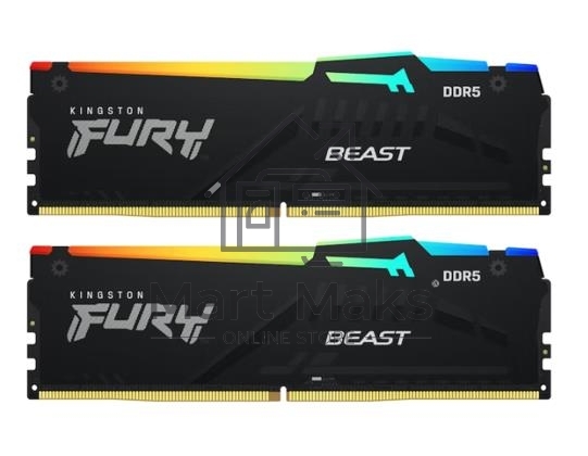 Оперативная память Kingston Fury Beast, DDR5, 32GB (2x16GB), 5600MHz, CL36, DIMM, с радиаторами, RGB, черный