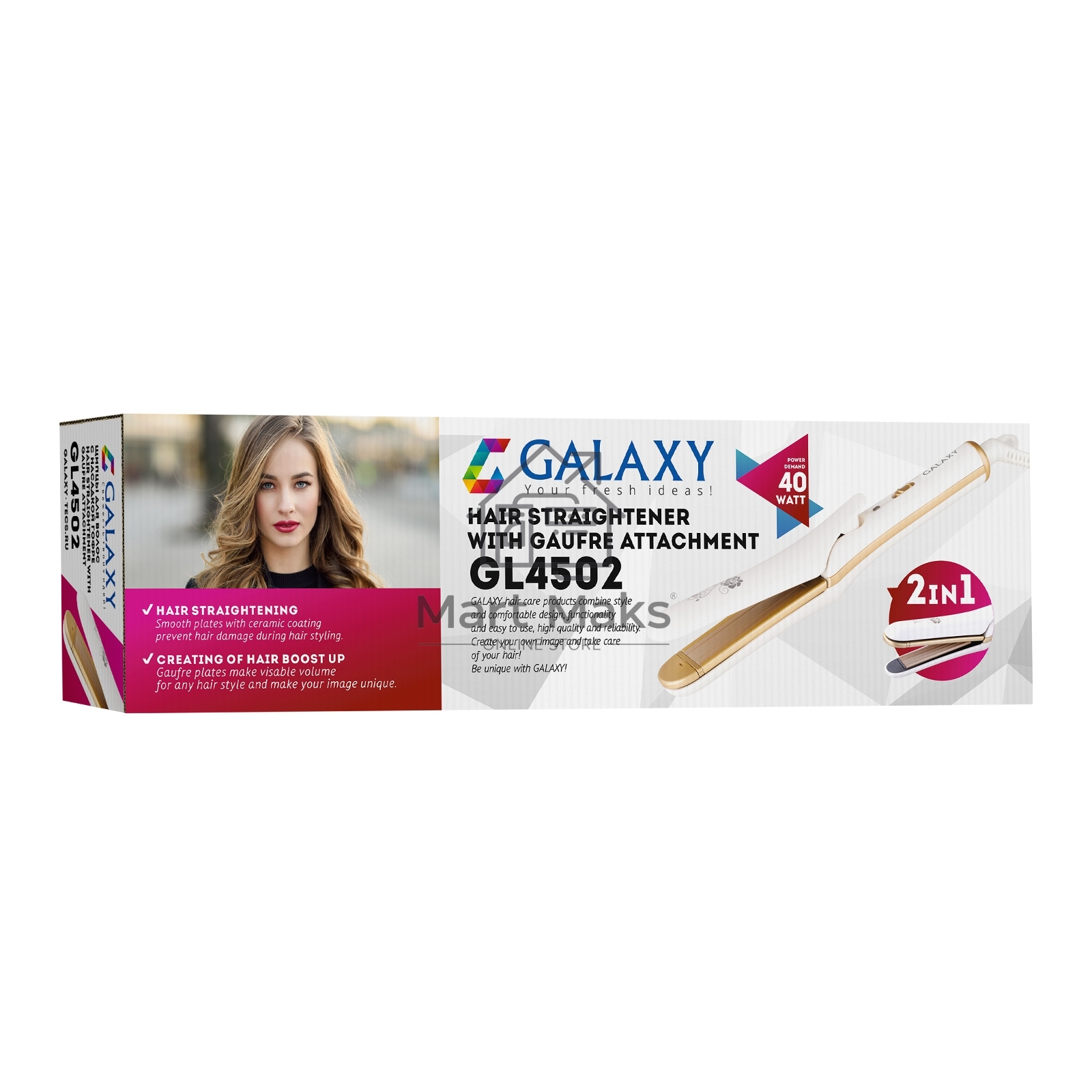 Щипцы для волос с насадкой гофре Galaxy GL 4502, бежевый, 40 Вт, макс. темп. 200°C, нагрев. элемент с защитой от перегр., керам. покрытие пластин, гладкие пластины для выпрям. волос и пласт. 