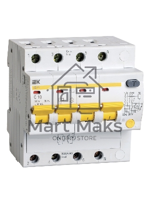 Выключатель автоматический дифференциального тока 4п C 10А 30мА тип AC 4.5кА АД-14 ИЭК MAD10-4-010-C-030