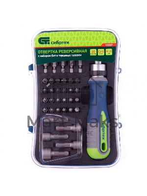 Отвертка реверсивная с набором бит и торцевыми головками Сибртех 35 шт., CrV