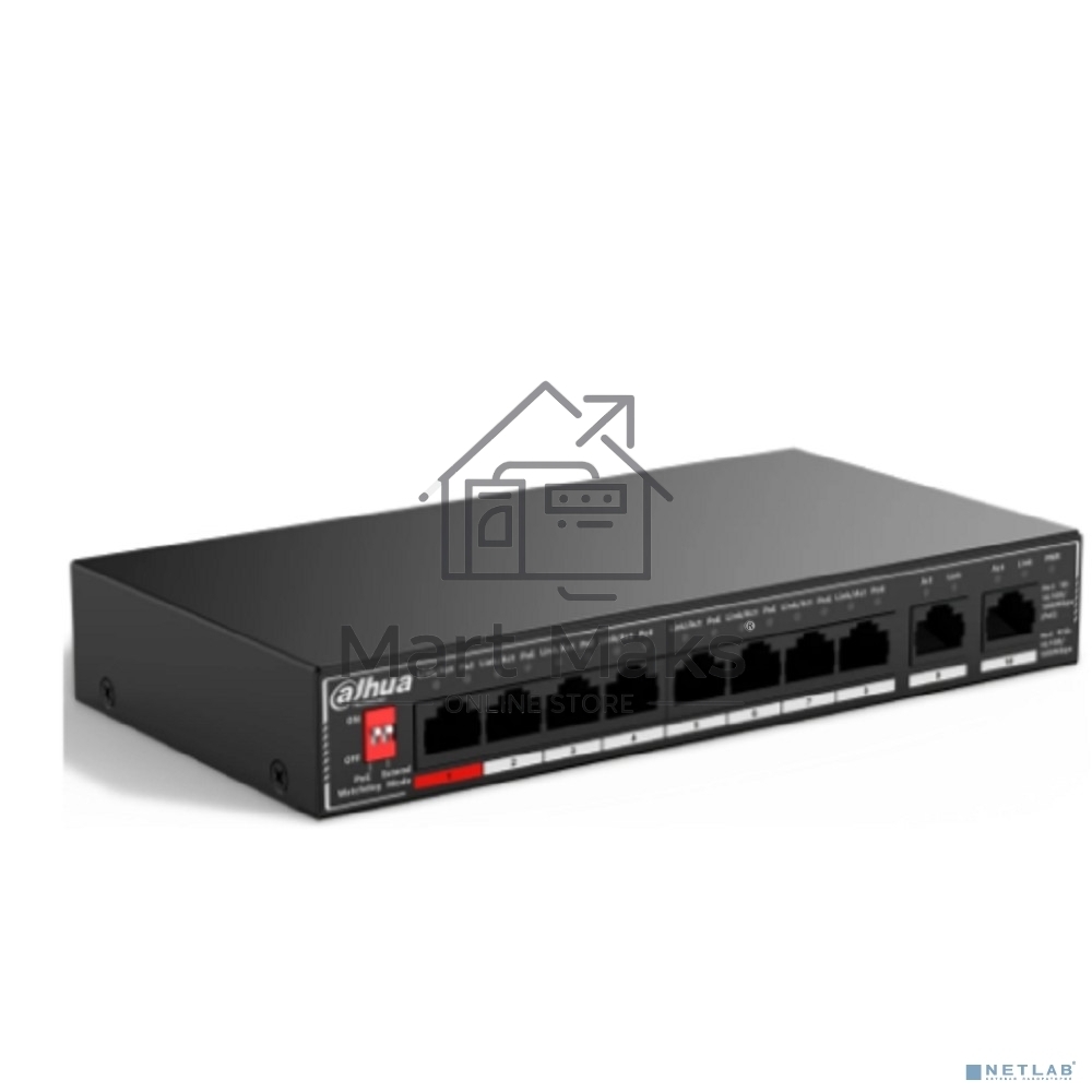 Коммутатор гигабитный 10-портовый неуправляемый c PoE Dahua DH-SG1010P, 8xRJ45 1Gb PoE, 2xRJ45 1Gb uplink, суммарно 96Вт, коммутация 20 Гбит/с, MAC-таблица 4K, металл