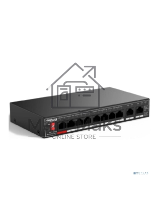 Коммутатор гигабитный 10-портовый неуправляемый c PoE Dahua DH-SG1010P, 8xRJ45 1Gb PoE, 2xRJ45 1Gb uplink, суммарно 96Вт, коммутация 20 Гбит/с, MAC-таблица 4K, металл