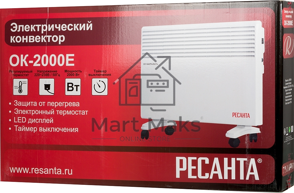Конвектор Ресанта ОК-2000Е белый, 2000 Вт, 20 м2, термостат, дисплей