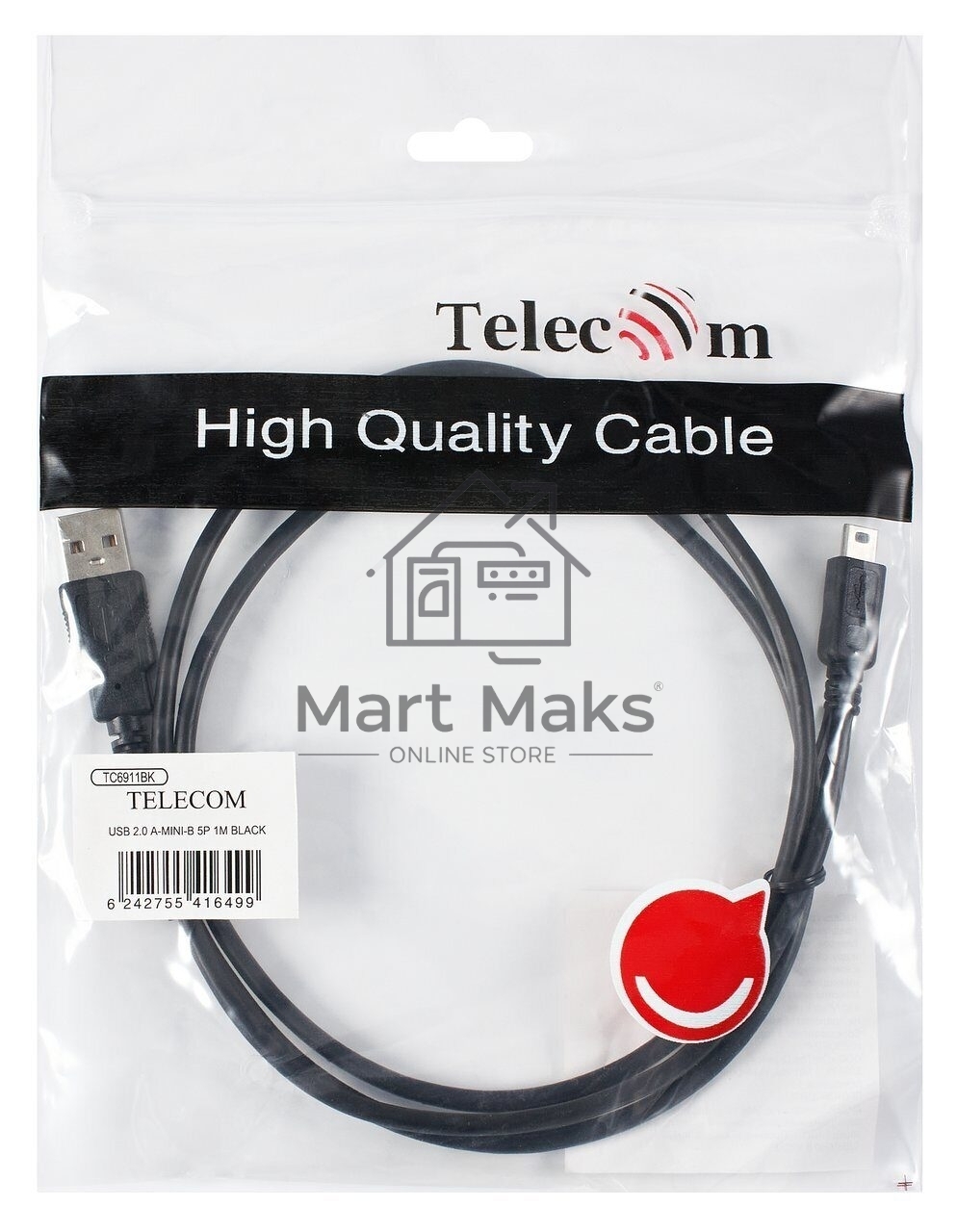 Кабель USB 2.0 A-->mini-B 5P (1м) черный TELECOM/VCOM <TC6911BK-1.0M>