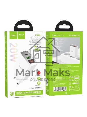 Зарядное устройство с дисплеем Hoco 18Вт, 3А, QC3.0/PD, 1хUSB, 1хType-C, C100A, белый, коробка