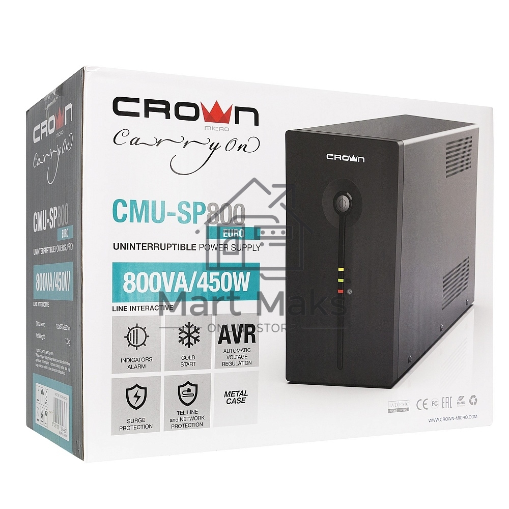Источник бесперебойного питания CROWN ИБП CMU-SP800EURO 800VA, металл,1x12V/9AH, розетки 3*EURO+1*IEC bybas CM000001492