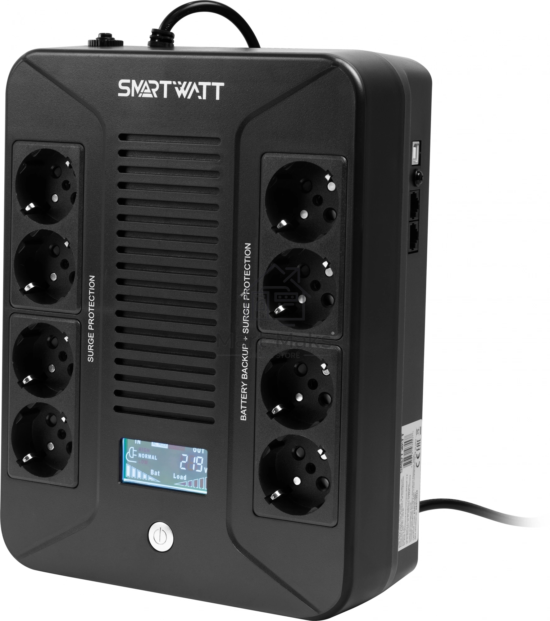 Источник бесперебойного питания SMARTWATT UPS SAFE PRO LCD 1000 черный 1000/600 ВА/Вт, напольный/настенный, линейно-интерактивный, LCD дисплей, Shuko CEE7/4 - 8 шт. (4 шт. с резервным питанием, 4 шт. - сетевой фильтр)