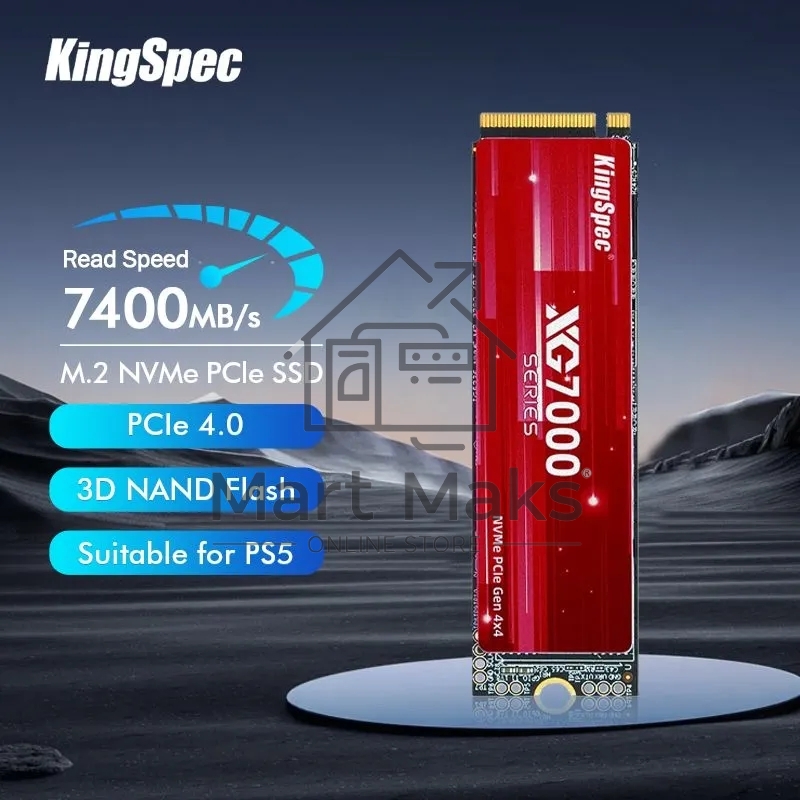 Накопитель SSD KingSpec XG7000, 2Tb, PCIe 4.0 x4, M.2 2280, NVMe, R/W 7400/6600, с радиатором