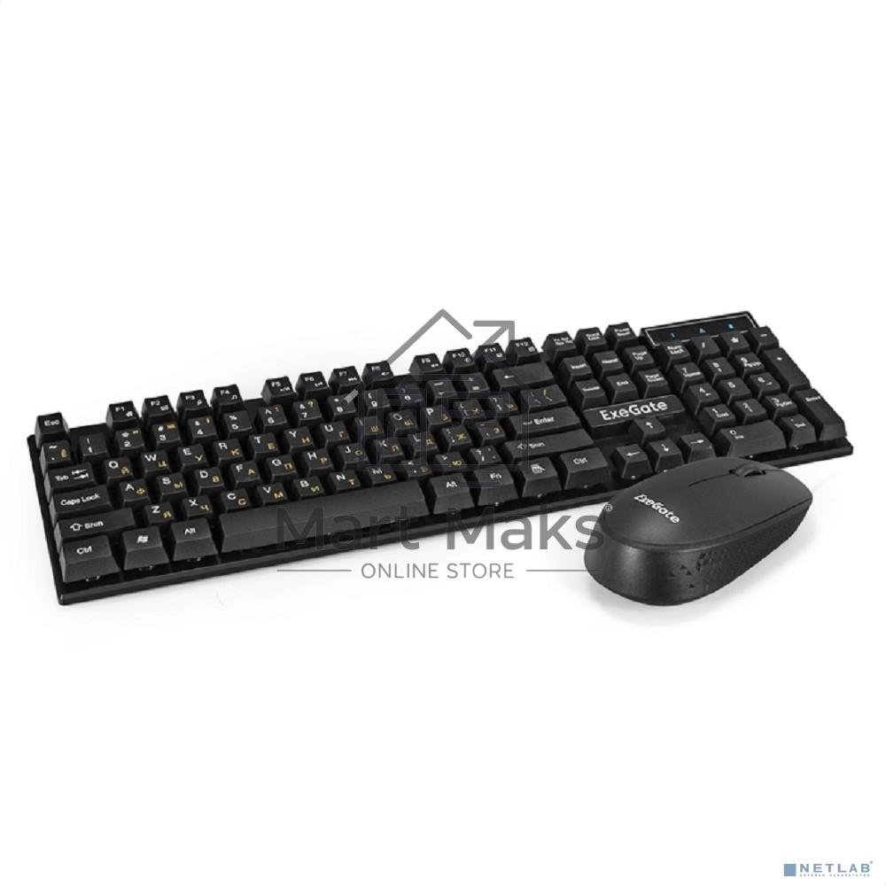 Комплект беспроводной ExeGate Professional Standard Combo MK210 (клавиатура полноразмерная влагозащищенная 104кл. + мышь оптическая 1200dpi, 3 кнопки и колесо прокрутки; USB, радиоканал 2,4 ГГц, радиус действия до 10м, черный, Color Box)