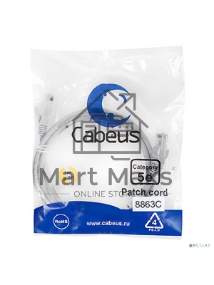 Шнур коммутационный Cabeus, кат. 5е, неэкр., U/UTP, RJ45/RJ45, LSZH, AWG24, 1м, серый