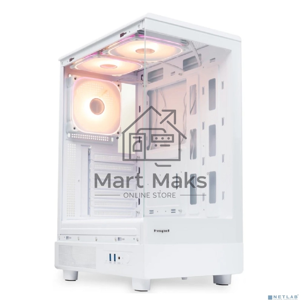 Компьютерный корпус HSPD F510, Panoramic Mid Tower, белый, TG, 0.5 SPCC, 3x120мм ARGB ATX, mATX, mITX 180/280/160мм 1x2.5