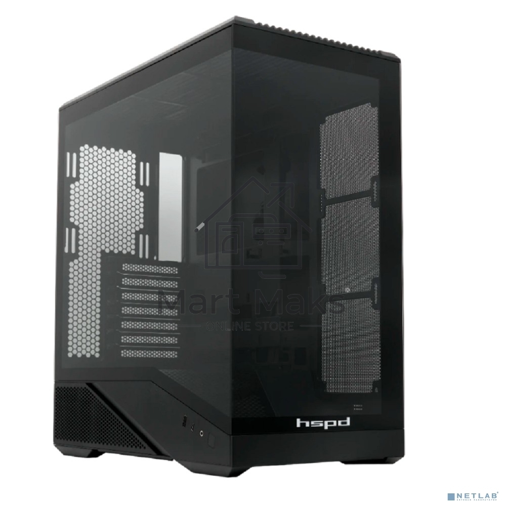 Компьютерный корпус без блока питания HSPD F711-TGbK, Panoramic Full Tower, Black, TG, 0.7 SPCC, no fans ATX, mATX, mITX 190/420/280мм 2x2.5