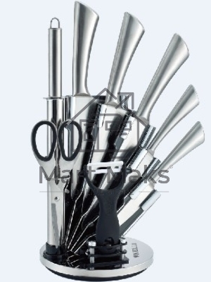 Набор кухонных ножей KELLI KL-2120 метал на подставке Высококачественная сталь 9 предметов: Топорик кухонный 16см, Нож поварской 20см, Нож хлебный 20см, Нож для резки 12см, Нож овощной 9см, Точилка, Ножницы Овощечистка с керамическим лезвием. Острая режущ