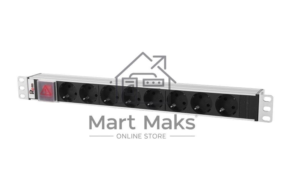 Блок розеток Rem-10 без шнура с выкл., 8 Sсhuko, вход IEC 60320 C14, 10A, алюм., 19
