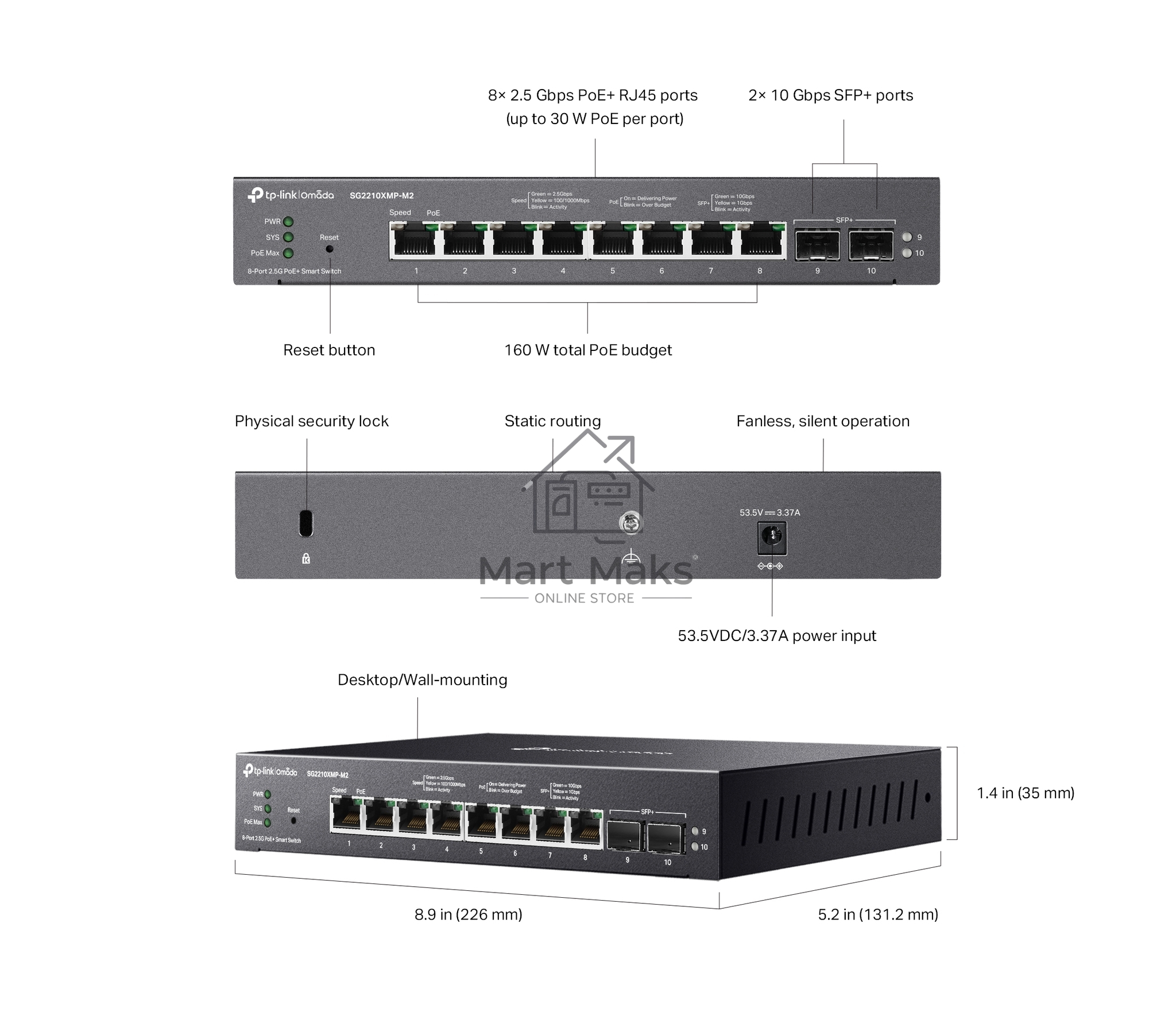 Коммутатор TP-Link SG2210XMP-M2, Smart линейки Omada с 8 портами PoE+ 2,5 Гбит/с и 2 портами SFP+