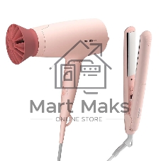 Набор для укладки волос Фен Philips BHP398/00 розовый, 1600 Вт, компактный + выпрямитель