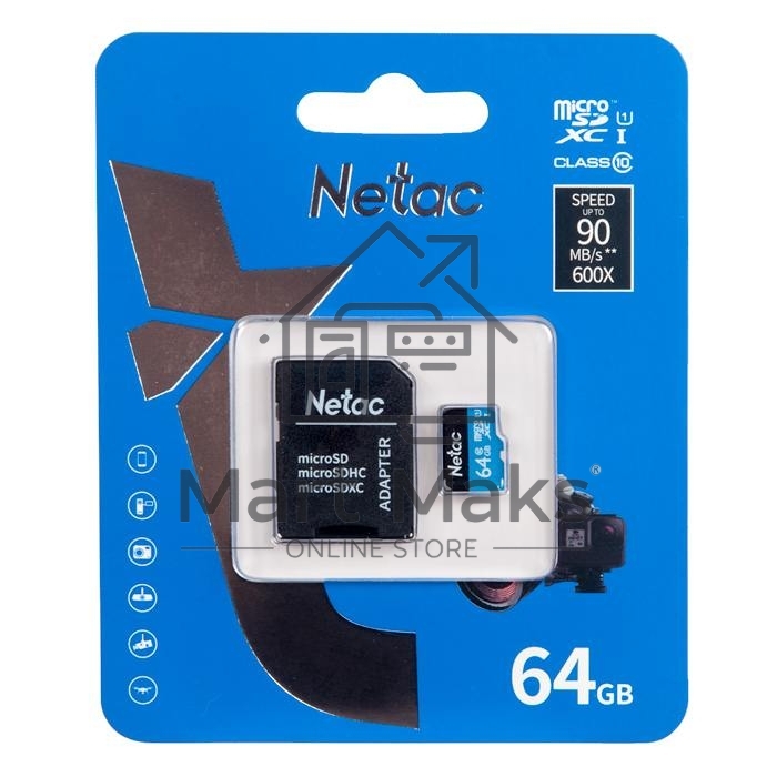 Флеш карта microSDHC 64GB Netac P500 <NT02P500STN-064G-R> (с SD адаптером) 80MB/s