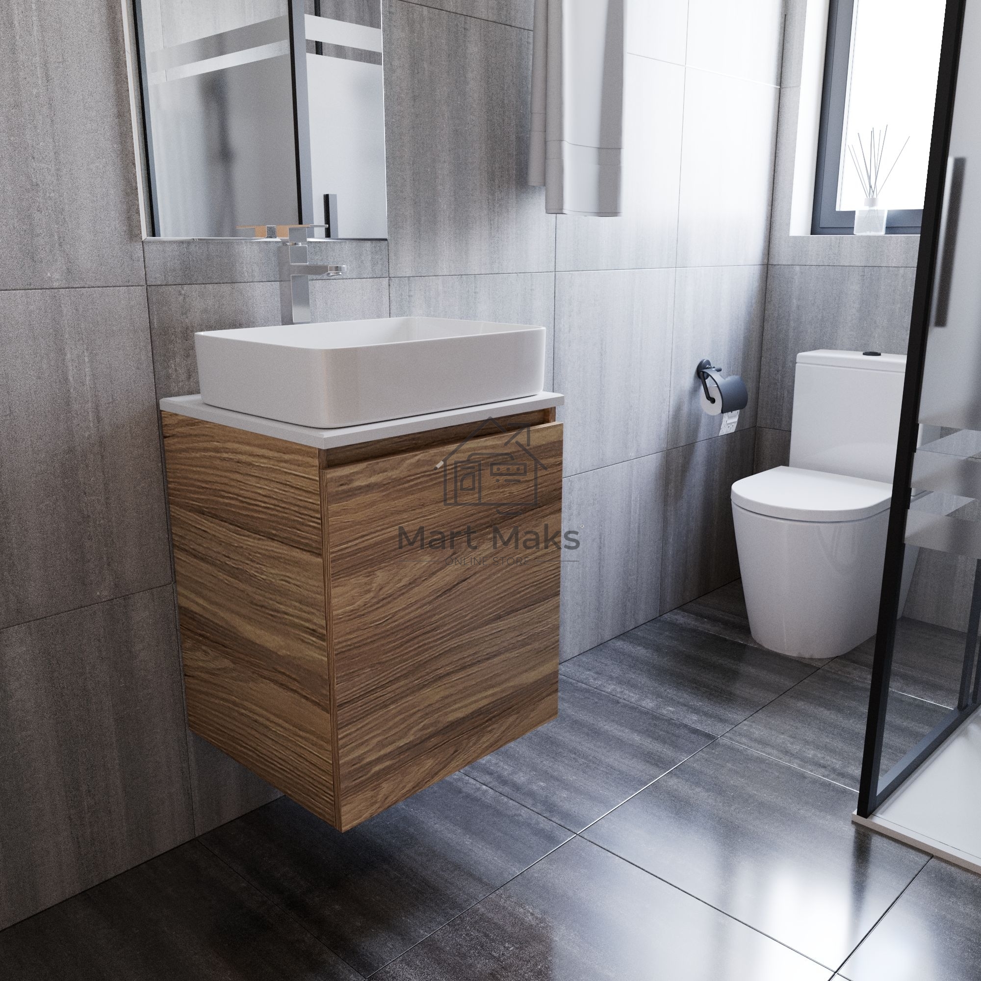 Тумба Bau Dream Blackwood 50 с дверцей, раковина BAU Hotel 48х37, смеситель для раковины высокий Hotel Still, нержавеющая сталь