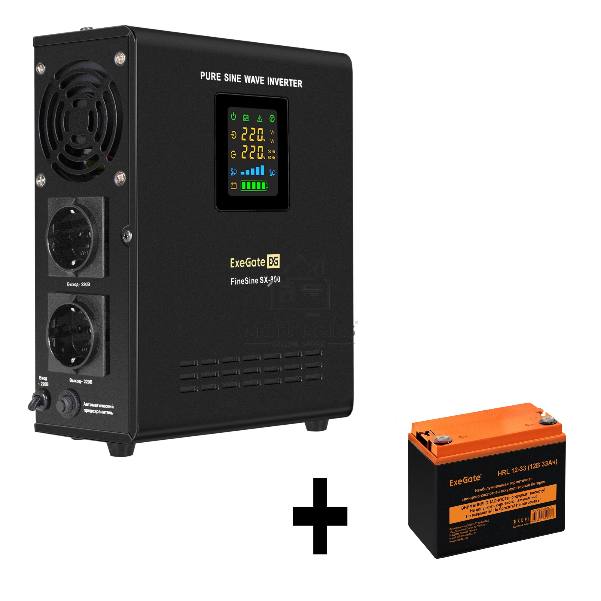 Комплект Источник бесперебойного питания EX295996RUS + батарея 33Aч EX285664RUS 1шт (инвертор, синус, для котла, настенный) ExeGate FineSine SX-800.LCD.AVR.2SH <800VA/500W, чистая синусоида, цветной LCD-дисплей, AVR, 2*Schuko, линейно-интерактивный, крепл