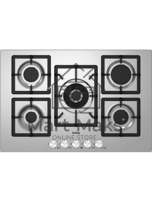 Газовая варочная поверхность Korting HG 797 CTX / 75 см, 5 высокоэффективных конфорок, WOK- сверхмощная конфорка с тройным рядом пламени, автоматический электроподжиг, газ-контроль каждой конфорки, передние металлические переключатели, утопленные чугунные