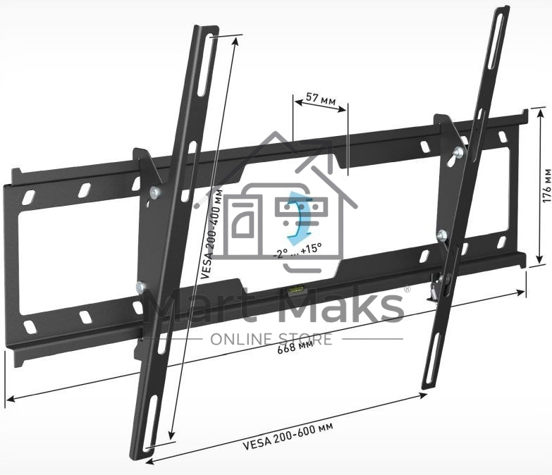 Кронштейн Holder LCD-T6628-B черный Диагональ: от 32-70. до 45кг. от стены: 57мм. Угол наклона:+2⁰ + 15⁰, Поворот:0⁰ Vesa  600*400, 400*400, 400*200, 400*300, 300*300, 200*300, 200*200, 100*100