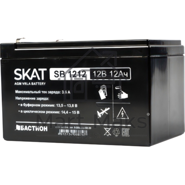 Аккумулятор SKAT SB 1212, 12В, 12Ач, максимальный ток заряда 3,6 А.