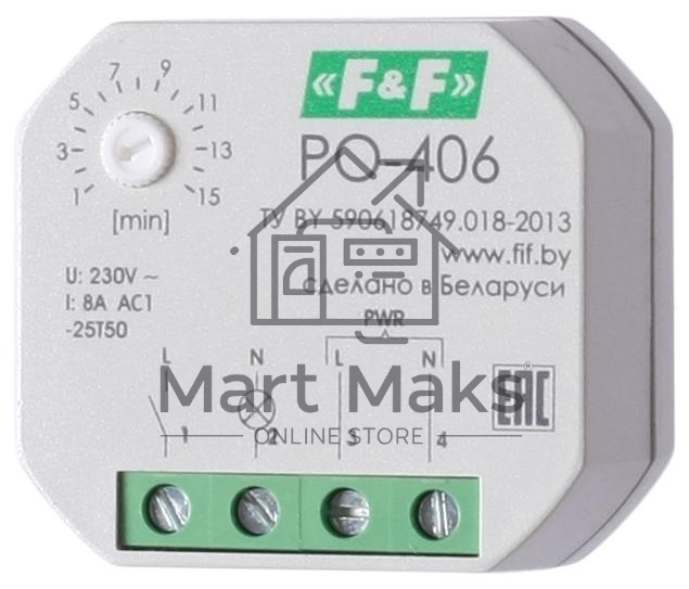 Реле времени PO-406 (задержка выкл. /управ. контактом 230В 8А 1НО IP20 монтаж в коробку d-60мм) F&F EA02.001.019