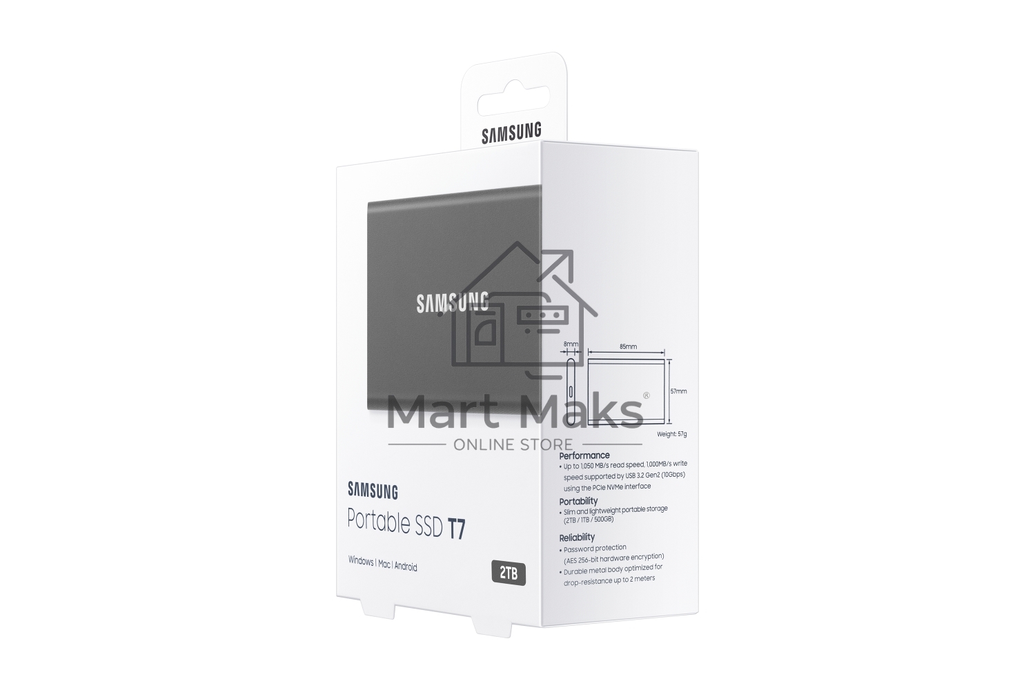 Твердотельный накопитель Samsung SSD 2TB T7, USB Type-C, R/W 1000/1050MB/s, Titanium