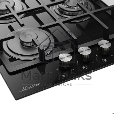Варочная поверхность MONSHER MGG 44 Noir, High-Tech, газ, 45 см, газ-контроль, автоматический электроподжиг, чугунные решетки, форсунки под сжиженый газ, конфорки SABAF, поворотные переключатели, цвет черный