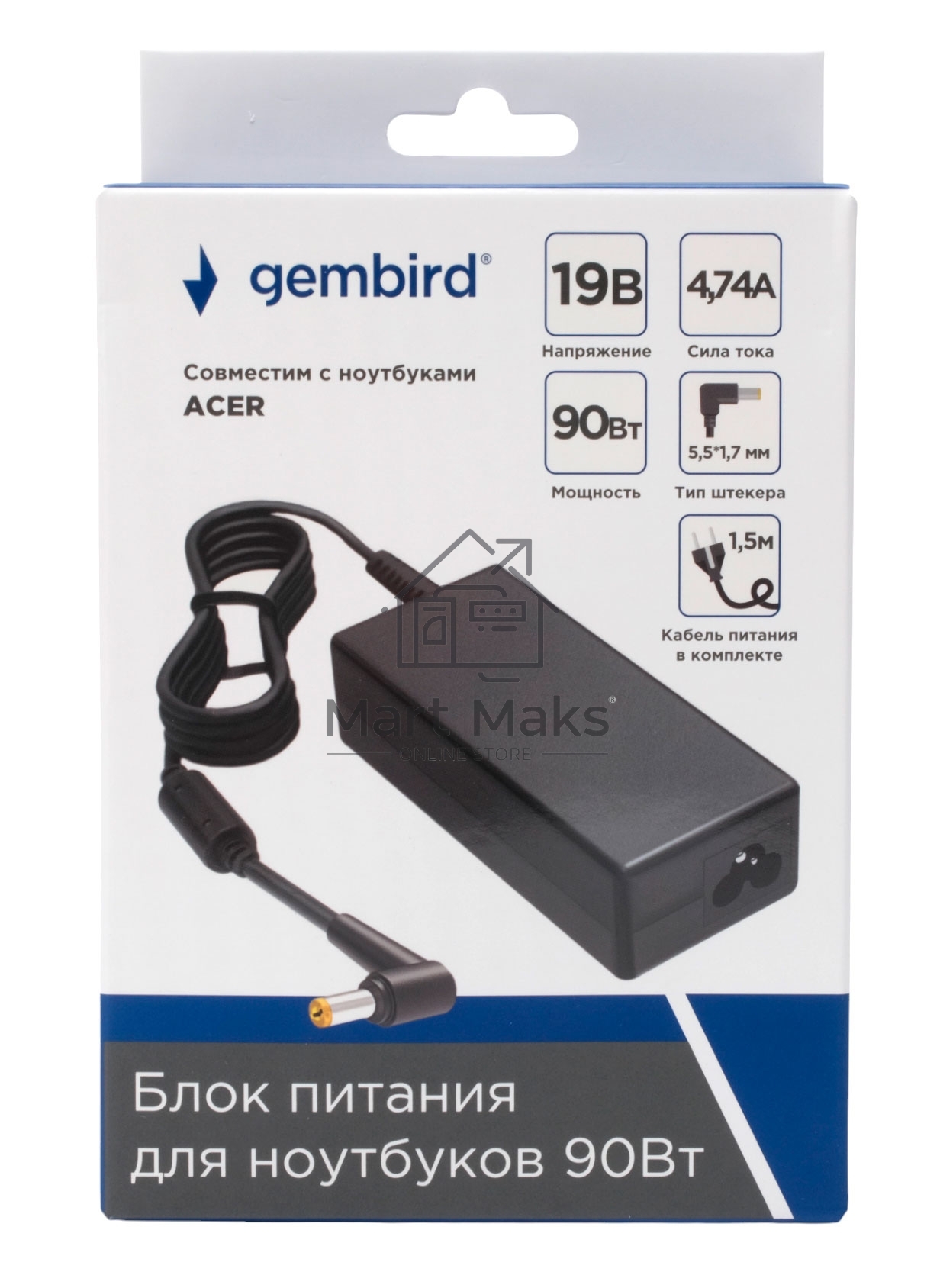 Блок питания Gembird для ноутбуков Acer 19В/4,74А, 90Вт, 1 штекер 5,5х1,7мм (NPA-AC18)