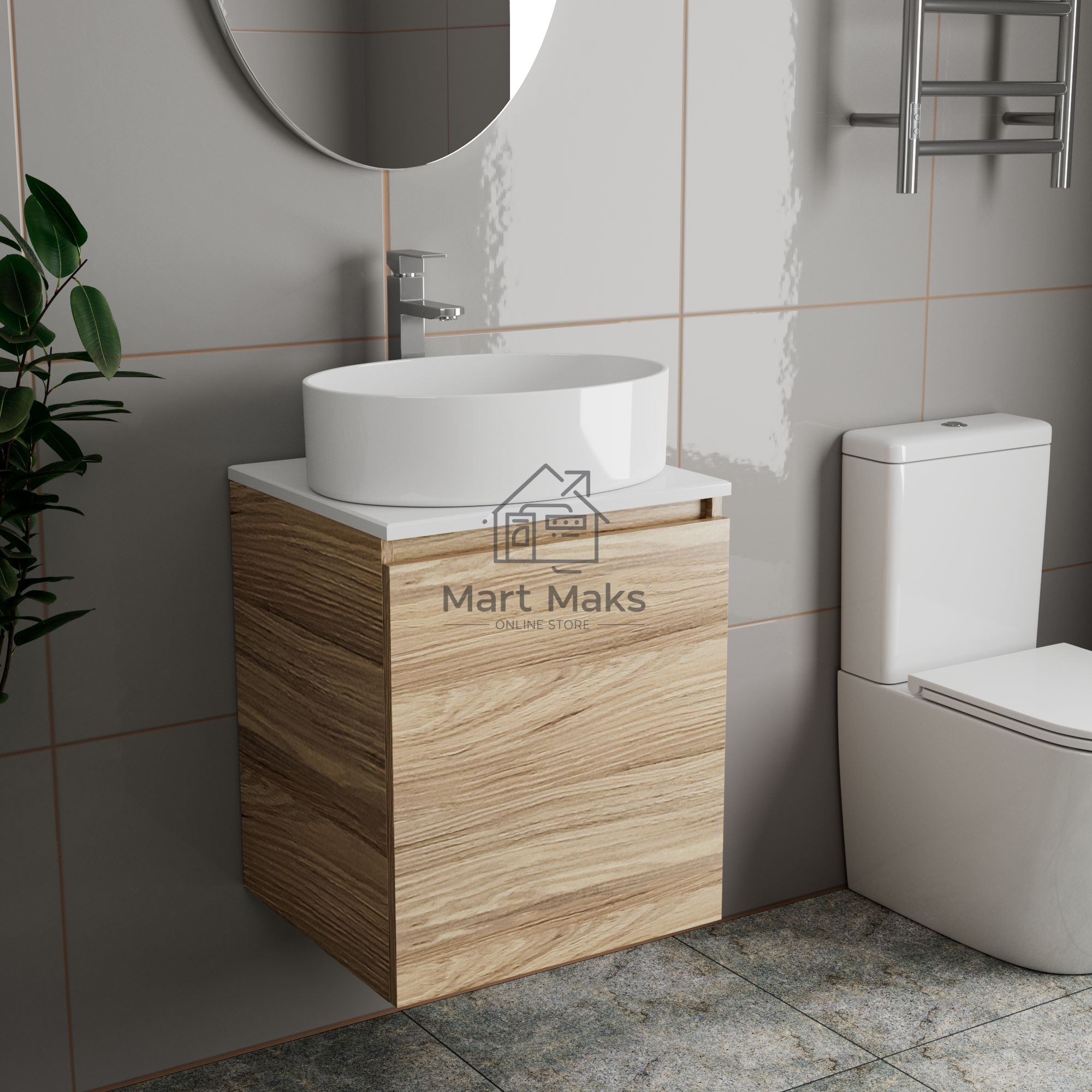 Тумба Bau Dream Blackwood 50 с дверцей, раковина BAU Nimb 50х36, смеситель для раковины высокий Hotel Still, нержавеющая сталь