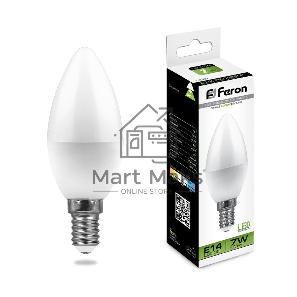 Лампа светодиодная FERON LB-97 (25476) 7W 230V E14 4000K свеча