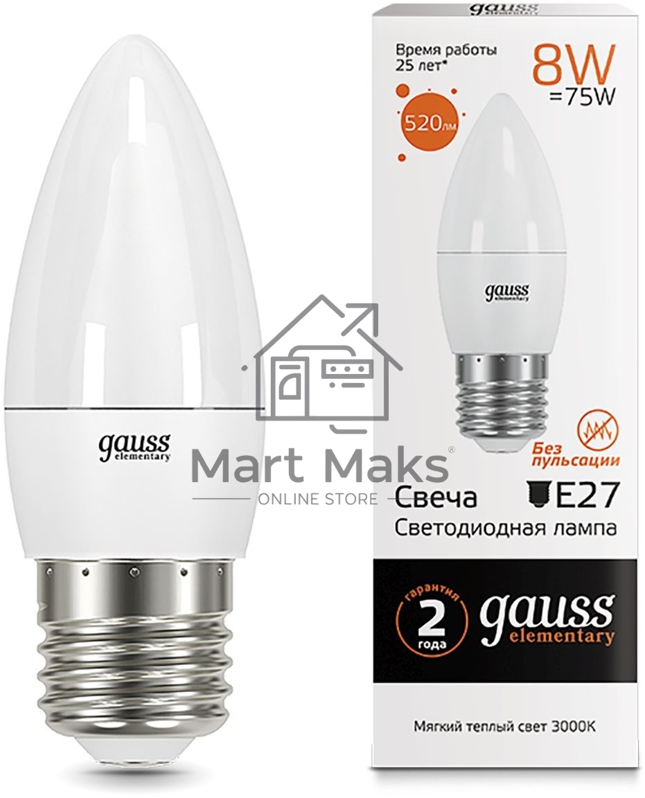 Лампа светодиодная Gauss Elementary 8Вт цок.:E27 свеча 220B 3000K св.свеч.бел.теп. C37 (упак.:10шт) (33218)