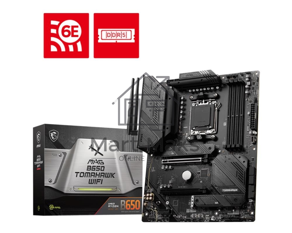 Материнская плата MSI MAG B650 TOMAHAWK WIFI, AM5, AMD B650, 4xDDR5, 6xSATA, 3xM.2, 1xPCI-E 4.0 x16, 1xPCI-E 4.0 x2, 1xHDMI, 1xDisplayPort, 1xUSB Type-C, 1x2.5Gb LAN, 2xUSB-A 2.0, 3xUSB-A 3.2 Gen 1, 3xUSB-A 3.2 Gen 2, 5x3.5 мм, 7.1, Standard-ATX