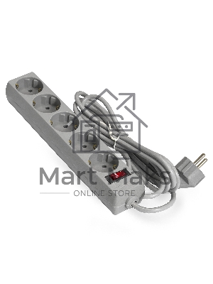 Удлинитель Exegate EC-5-1.8G (EX285798RUS), серый, 1,8 м, евровилка с заземлением, 5 евророзеток с заземлением, 2200 Вт