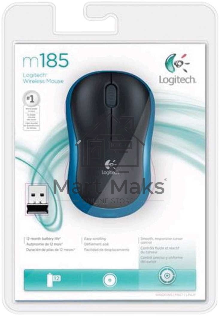 Мышь беспроводная Logitech M185 синий, 1000 dpi, радиоканал, USB, кнопки - 3
