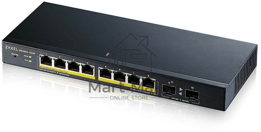 Коммутатор Smart L2 PoE+ Zyxel GS1900-10HP, 8xGE PoE+, 2xSFP, настольный, бесшумный, бюджет PoE 77 Вт