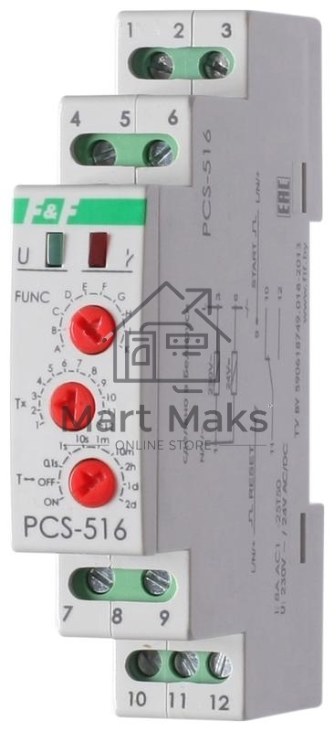 Реле времени PCS-516 (многофункц. (вход: START/RESET) 230В 8А 1перекл. IP20 монтаж на DIN-рейке)(аналог РВО-1М) F&F EA02.001.013
