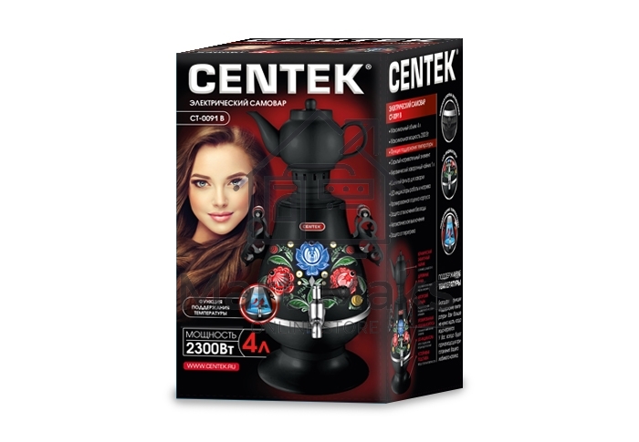 Самовар Centek CT-0091 B (черн+рисунок), 4.0л, 2300 Вт, поддерж.t + LED индикатор, керам заварник