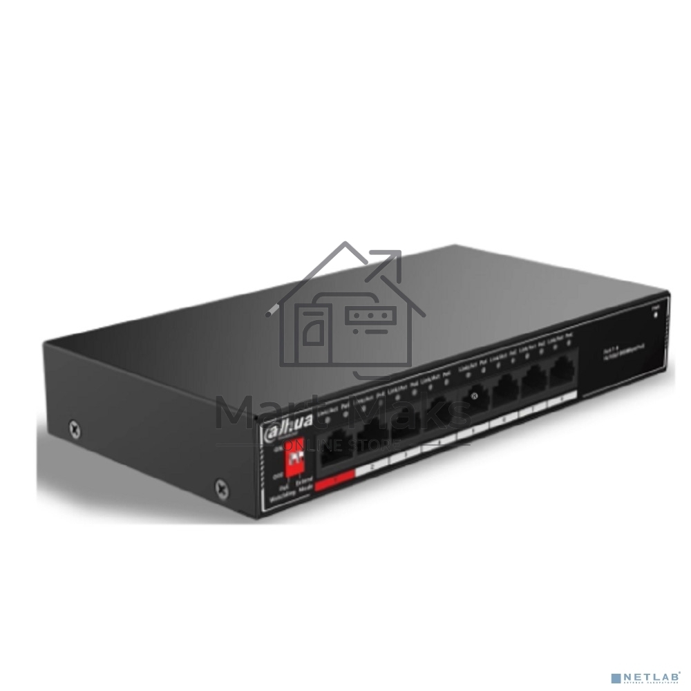 Коммутатор гигабитный 8-портовый неуправляемый c PoE Dahua DH-SG1008P, 8xRJ45 1Gb PoE, суммарно 96Вт, коммутация 20 Гбит/с, MAC-таблица 8K, металл