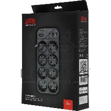 Сетевой фильтр Powercom SP-08 USB03AB 3,0 m 3.0м, 8 розеток, черный, коробка